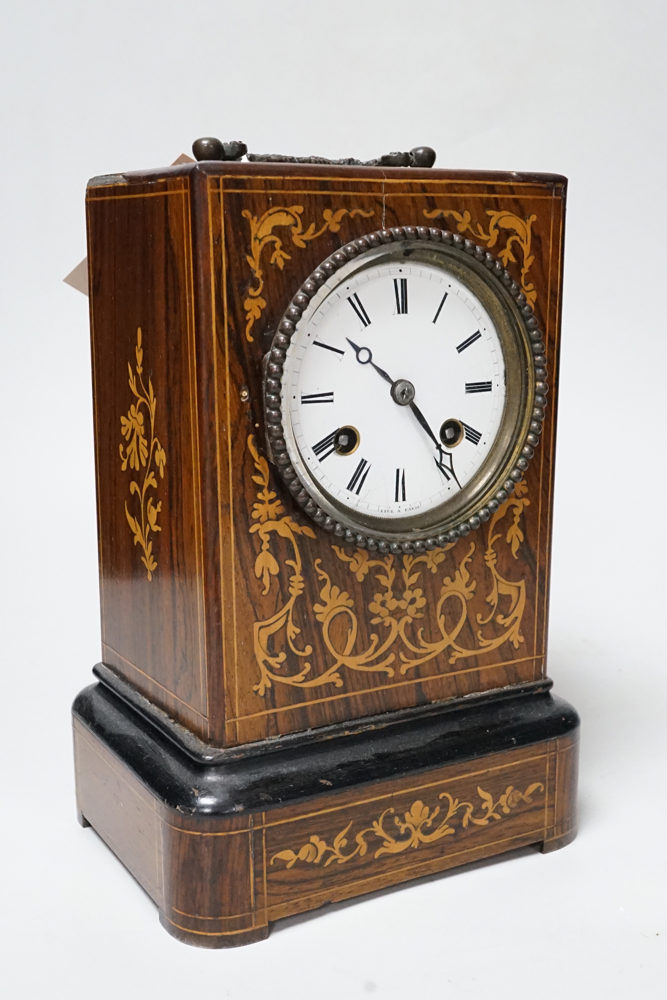 A 19th century French rosewood and marquetry mantel clock, 23cm tall